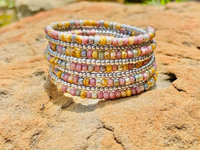 Earthtone colored memory wire beaded wrap cuff bracelet - Picasso Beads