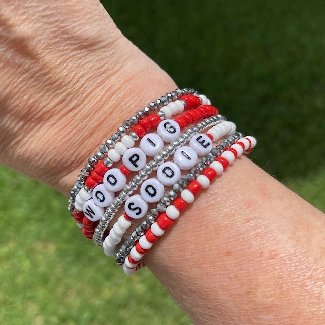 Personalized 7 loop Game Day Beaded memory wire wrap bracelet with School/team name/choice of word(s) - Custom stacked bracelet bundle