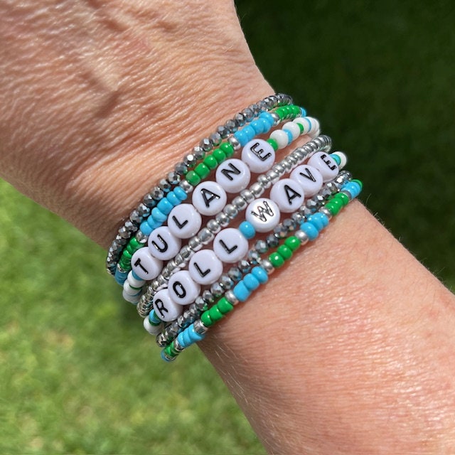Personalized 7 loop Game Day Beaded memory wire wrap bracelet with School/team name/choice of word(s) - Custom stacked bracelet bundle