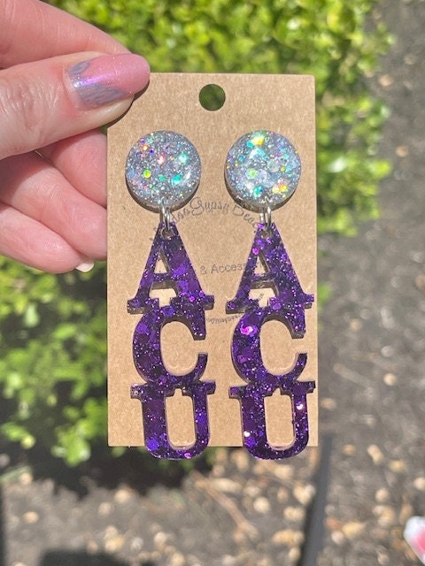 Purple ACU glitter resin earrings - Abilene Christian University earrings - purse charm, bag charm - handmade jewelry