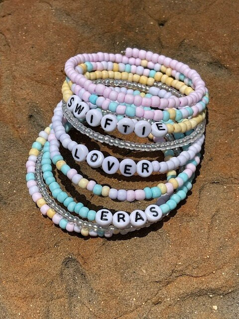 Pastel 9 loop Beaded memory wire wrap bracelet with choice of words - Custom stacked bracelet bundle