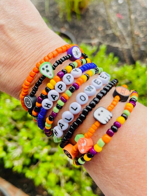 Beaded Halloween spiral memory wire wrap bracelet