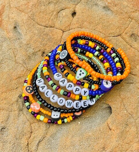 Beaded Halloween spiral memory wire wrap bracelet