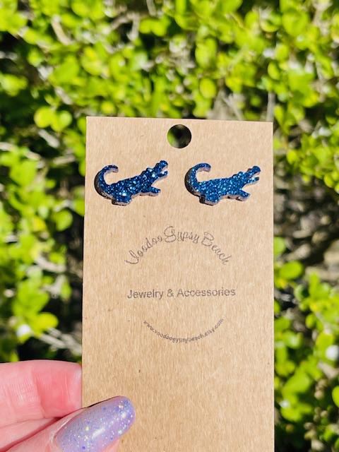 Gator stud earrings - Multiple Colors - Alligator stud glitter resin earring- Dickinson High School Gators - handmade jewelry