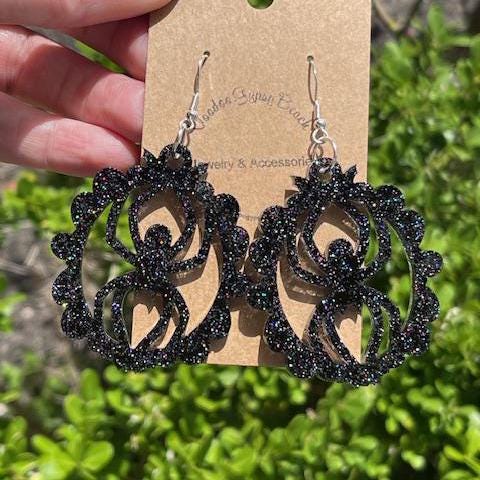 Halloween spider earrings with ornate frame - sparkly glitter resin earring - handcrafted - handmade jewelry