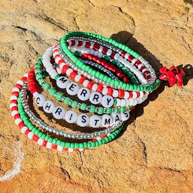 Beaded Christmas  spiral memory wire wrap bracelet