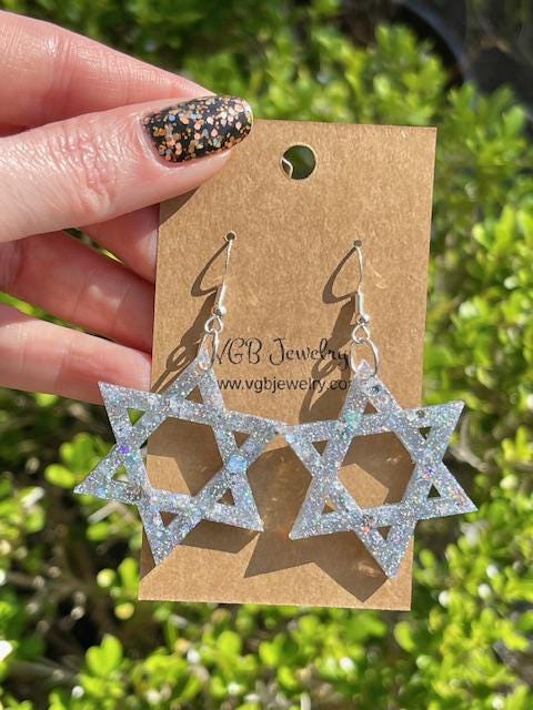 Sparkly Star of David earrings - handmade jewelry glitter resin earrings