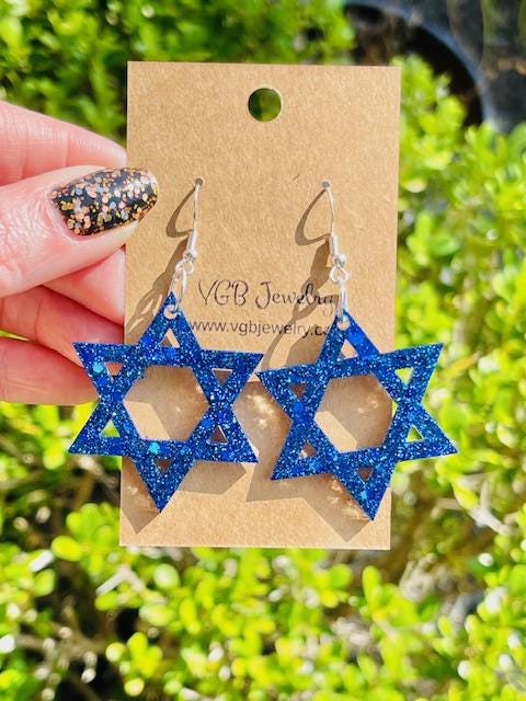 Sparkly Star of David earrings - handmade jewelry glitter resin earrings