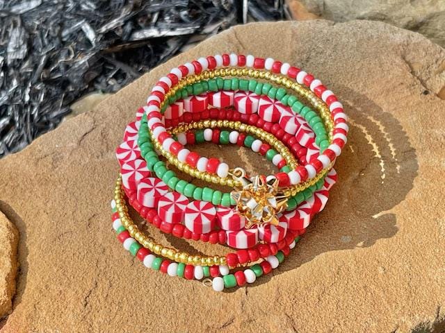 Beaded Christmas spiral memory wire wrap bracelet - 7 loop