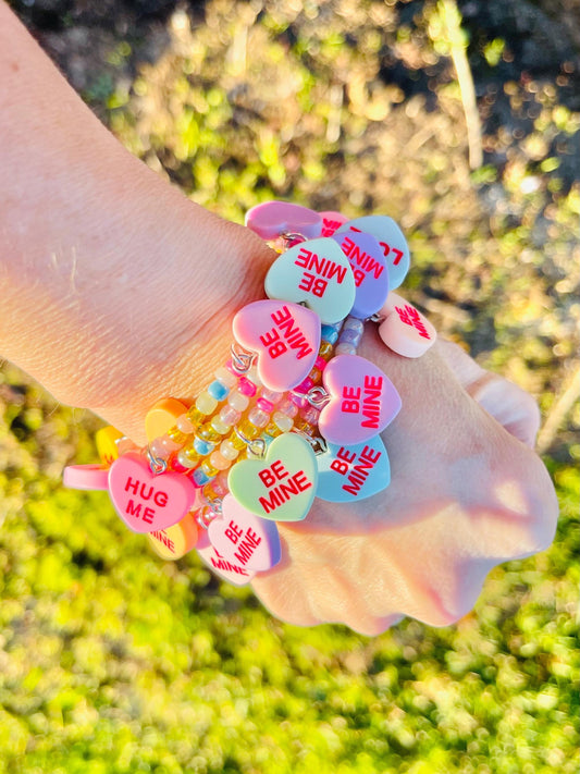 Conversation hearts beaded wrap bracelet - hand beaded memory wire