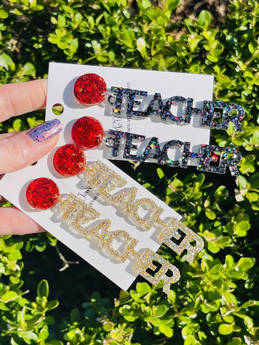 Teacher glitter resin word earrings - handmade jewelry