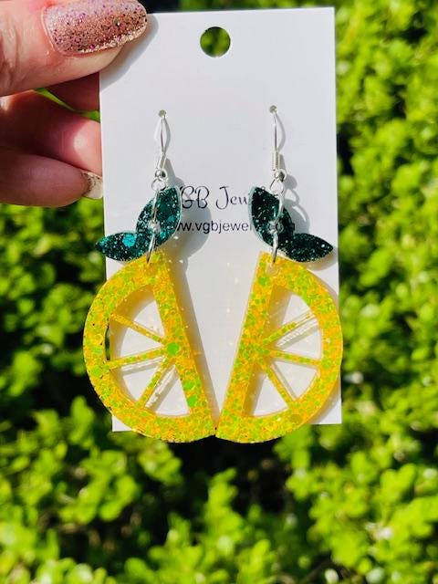 Fruit wedge glitter resin earrings - Grapefruit, Lime, Lemon, Orange Tropical Luxe jewelry