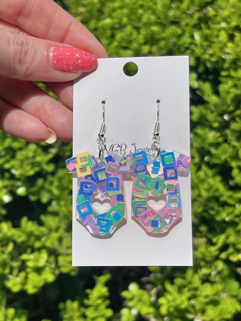 Baby Onesie glitter resin earrings - Gender reveal party earrings