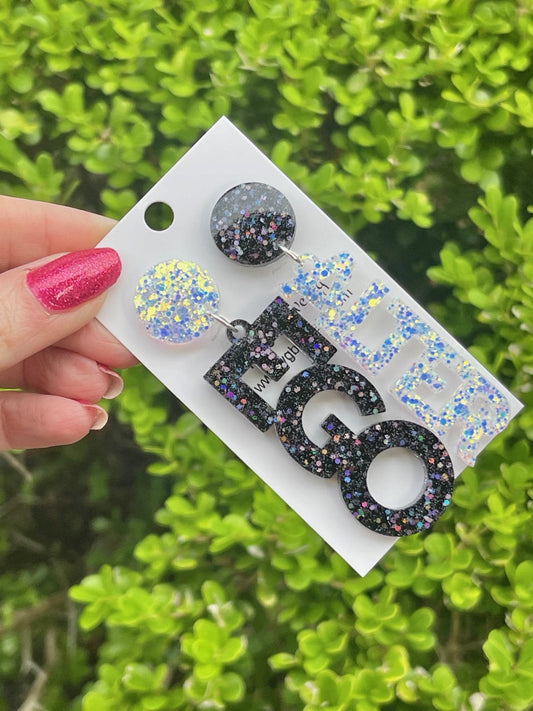 Alter Ego glitter resin word earrings