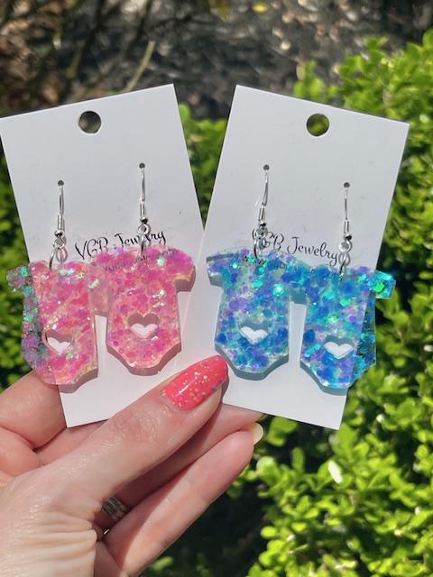 Baby Onesie glitter resin earrings - Gender reveal party earrings
