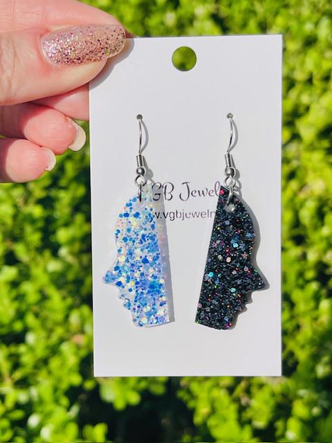 Alter Ego Opposing Faces glitter resin word earrings