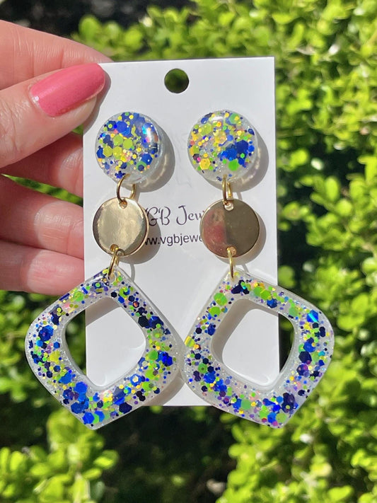 Amalfi Coast Inspired Earrings - Lemon Yellow & Deep Sea Blue Glitter Dangle Earrings with Gold Accents 3