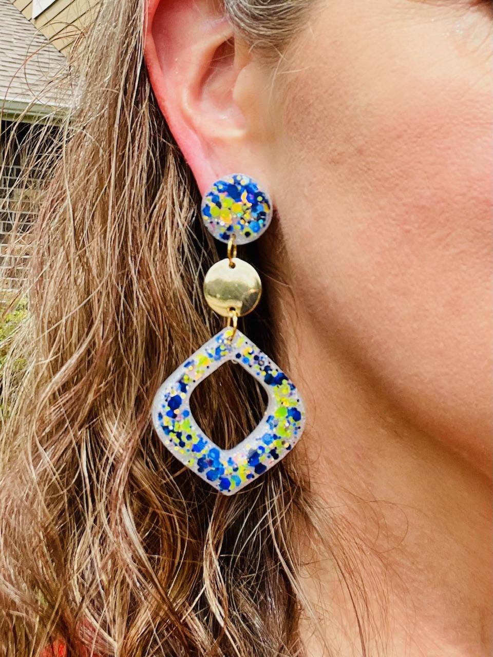Amalfi Coast Inspired Earrings - Lemon Yellow & Deep Sea Blue Glitter Dangle Earrings with Gold Accents 3