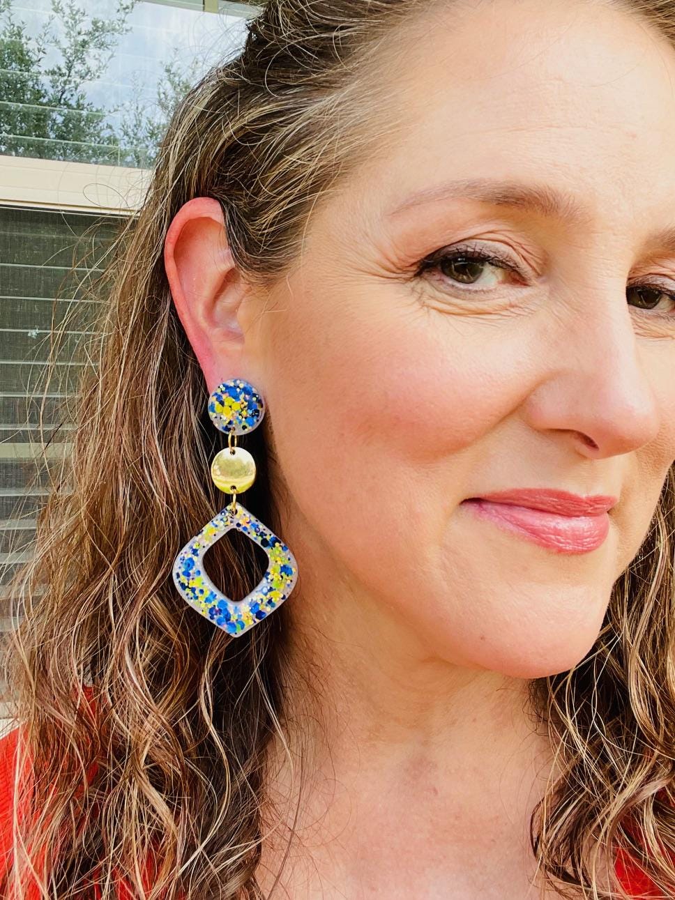 Amalfi Coast Inspired Earrings - Lemon Yellow & Deep Sea Blue Glitter Dangle Earrings with Gold Accents 3