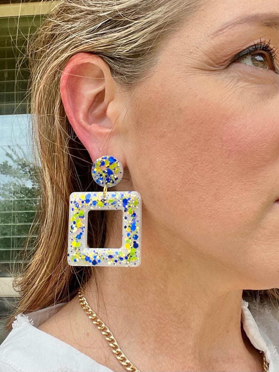 Amalfi Coast Inspired Earrings - Lemon Yellow & Deep Sea Blue Glitter Square Dangle Earrings