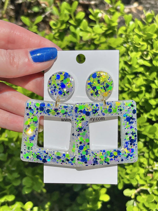 Amalfi Coast Inspired Earrings - Lemon Yellow & Deep Sea Blue Glitter Square Dangle Earrings