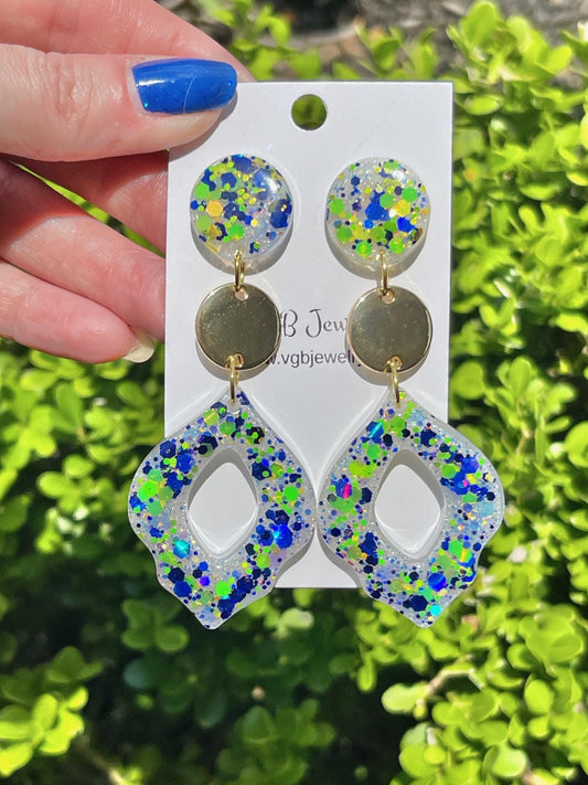 Amalfi Coast Inspired Earrings - Lemon Yellow & Deep Sea Blue Glitter Dangle Earrings with Gold Accents 1