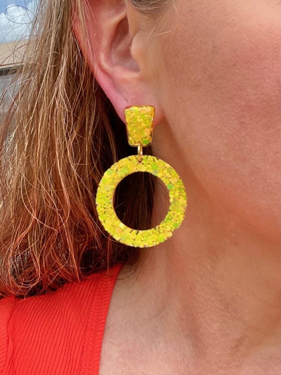 Amalfi Coast Inspired Earrings - Lemon Yellow Glitter Hoop Dangle Earrings
