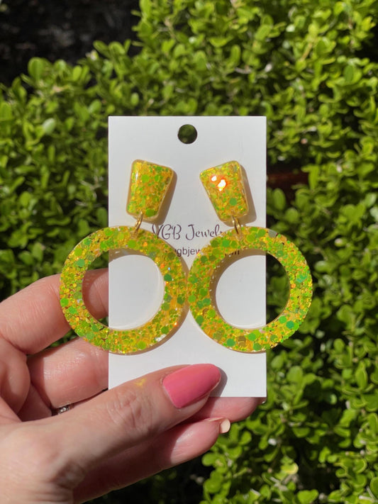 Amalfi Coast Inspired Earrings - Lemon Yellow Glitter Hoop Dangle Earrings