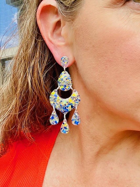 Blue & White Glitter Resin Chandelier Earrings | Lightweight Statement Dangles with Teardrop Accents 2