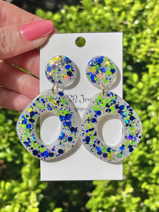 Amalfi Coast Inspired Earrings - Lemon Yellow & Deep Sea Blue Glitter Dangle Earrings