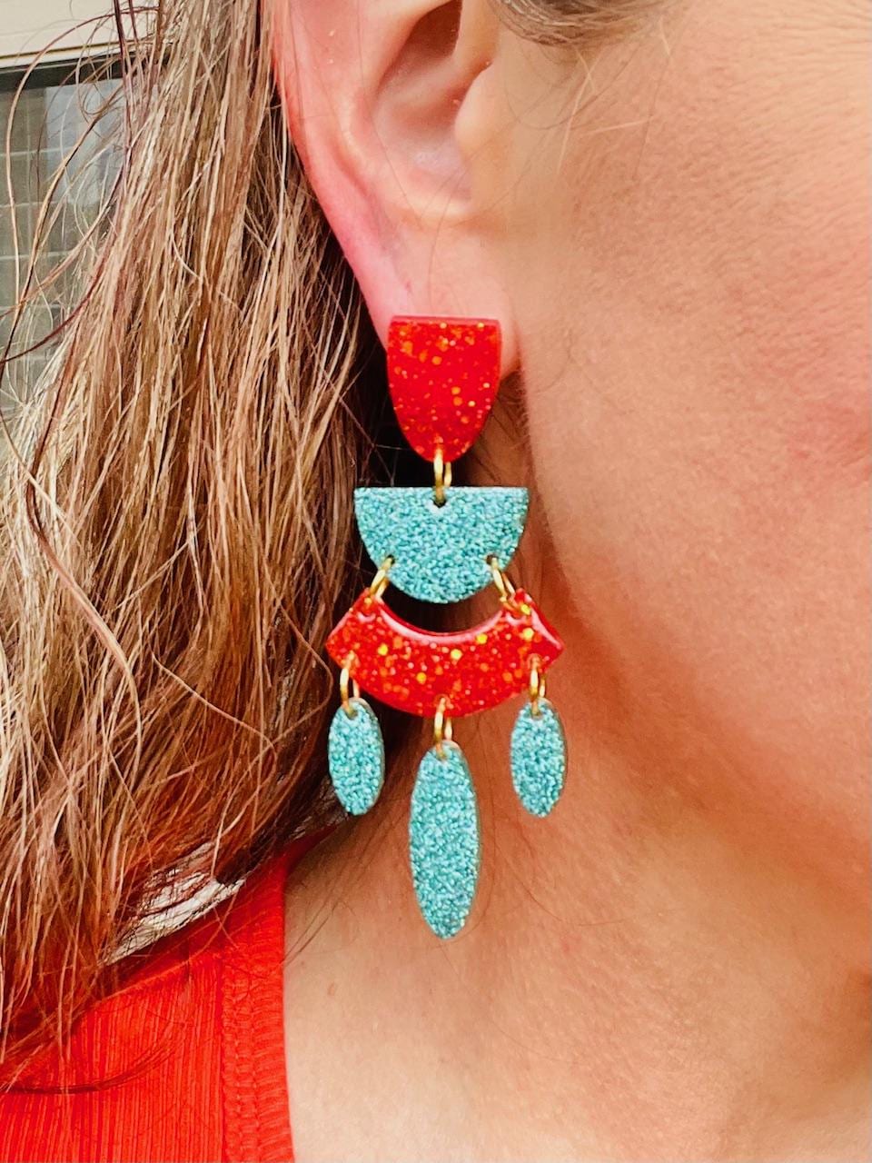 Teal & Coral Glitter Resin Chandelier Earrings | Lightweight Statement Dangles with Teardrop Accents