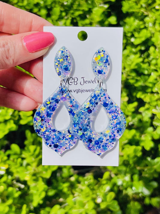 Blue & White Glitter Resin Earrings | Lightweight Moroccan Statement Dangle earrings