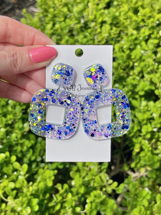 Blue & White Glitter Resin Earrings | Lightweight Square Statement Dangle earrings