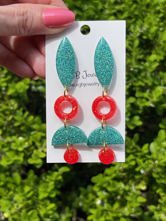 Teal & Coral Glitter Resin drop Earrings | Lightweight Statement Dangles with Teardrop Accents 1