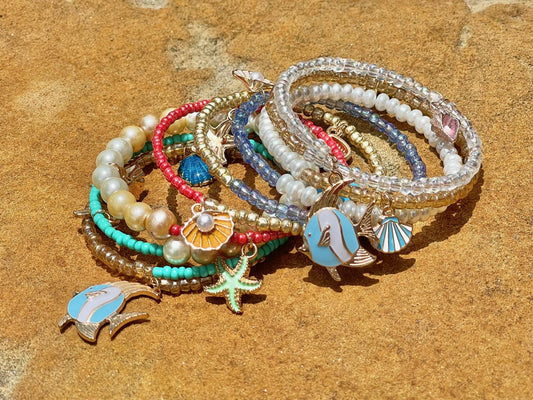 Beachy hand-beaded memory wire wrap cuff bracelet - Ocean-inspired charm bracelet