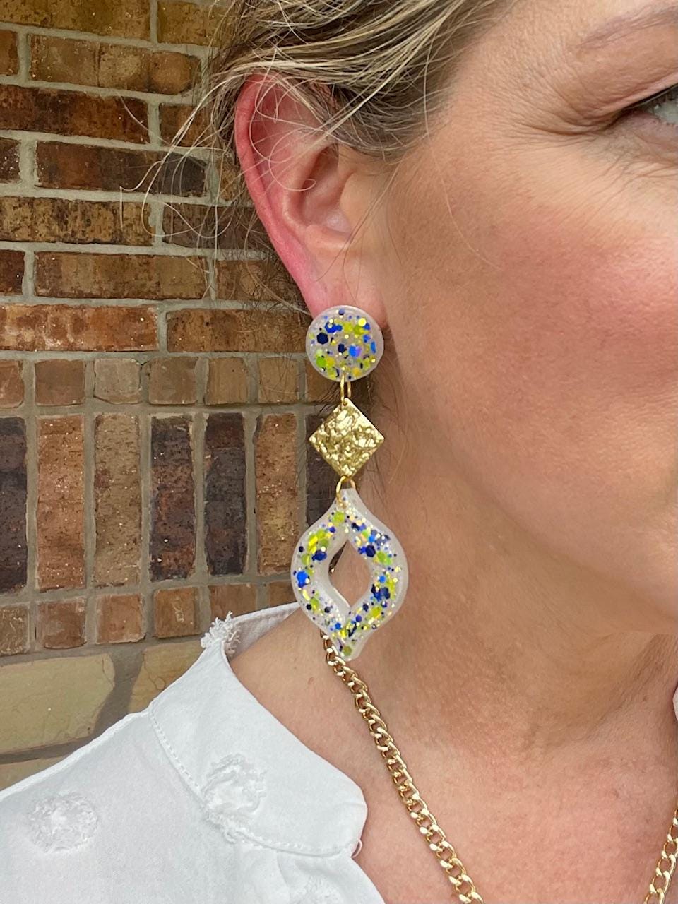Amalfi Coast Inspired Earrings - Lemon Yellow & Deep Sea Blue Glitter Dangle Earrings with Gold Accents 4
