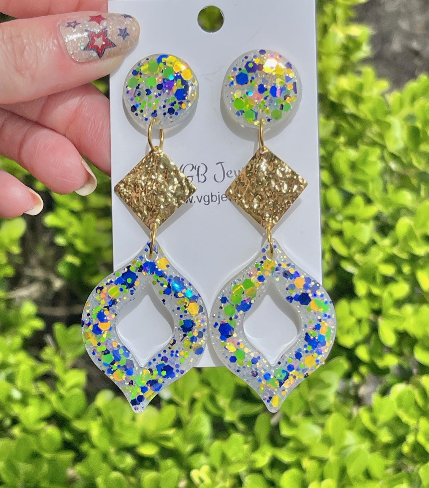 Amalfi Coast Inspired Earrings - Lemon Yellow & Deep Sea Blue Glitter Dangle Earrings with Gold Accents 4