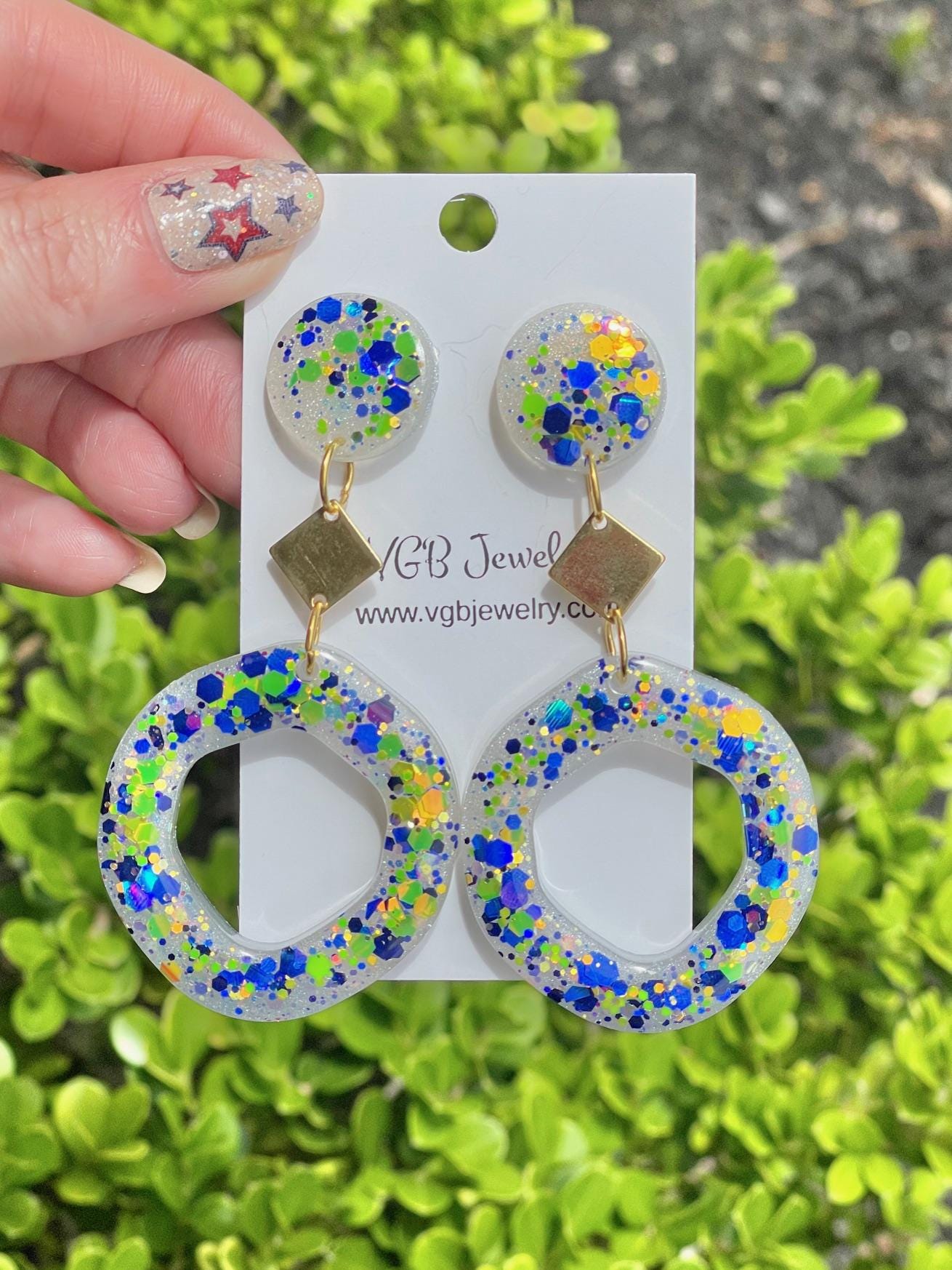 Amalfi Coast Inspired Earrings - Lemon Yellow & Deep Sea Blue Glitter Dangle Earrings with Gold Accents 2