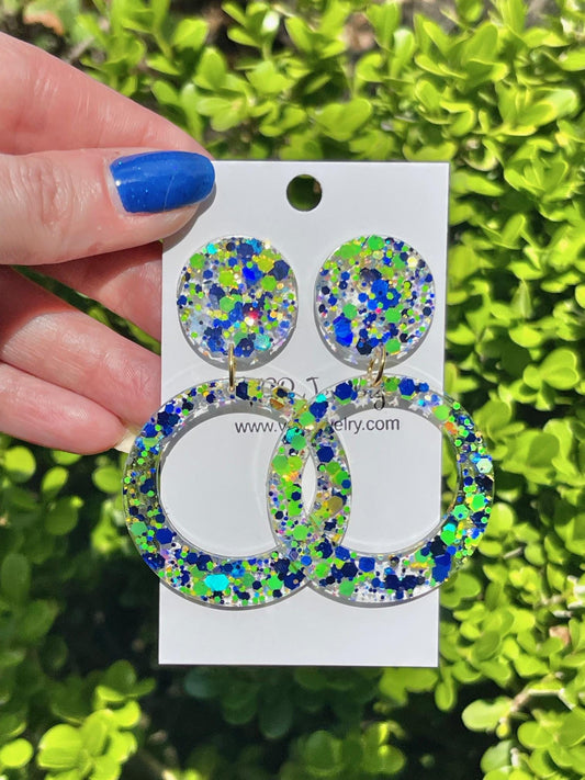 Amalfi Coast Inspired Earrings - Lemon Yellow & Deep Sea Blue Glitter Hoop Dangle Earrings