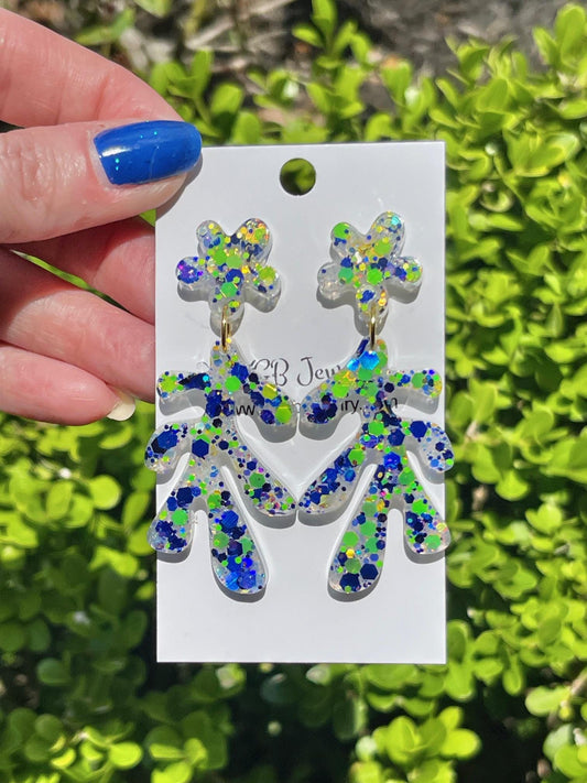 Amalfi Coast Inspired Earrings - Lemon Yellow & Deep Sea Blue Glitter Abstract Dangle Earrings