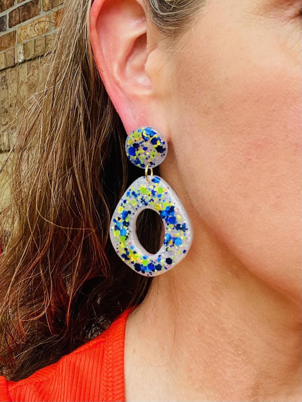 Amalfi Coast Inspired Earrings - Lemon Yellow & Deep Sea Blue Glitter Dangle Earrings