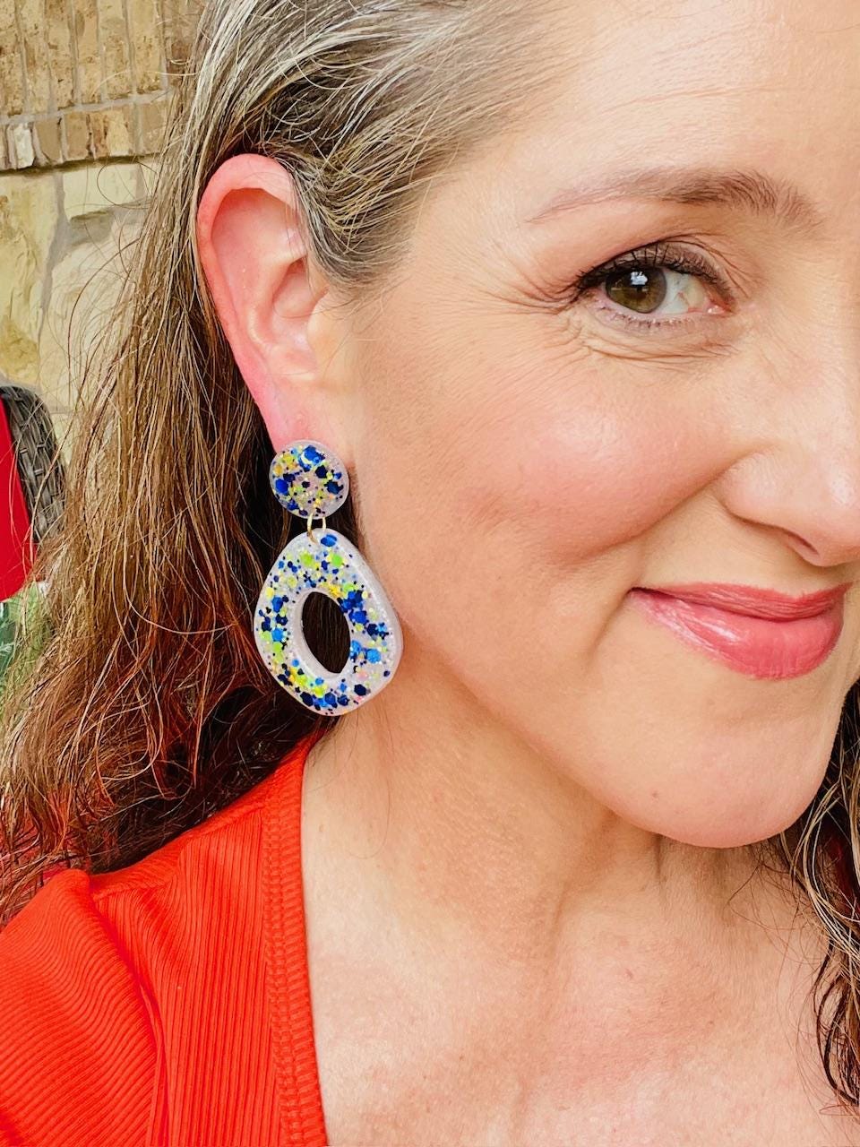 Amalfi Coast Inspired Earrings - Lemon Yellow & Deep Sea Blue Glitter Dangle Earrings