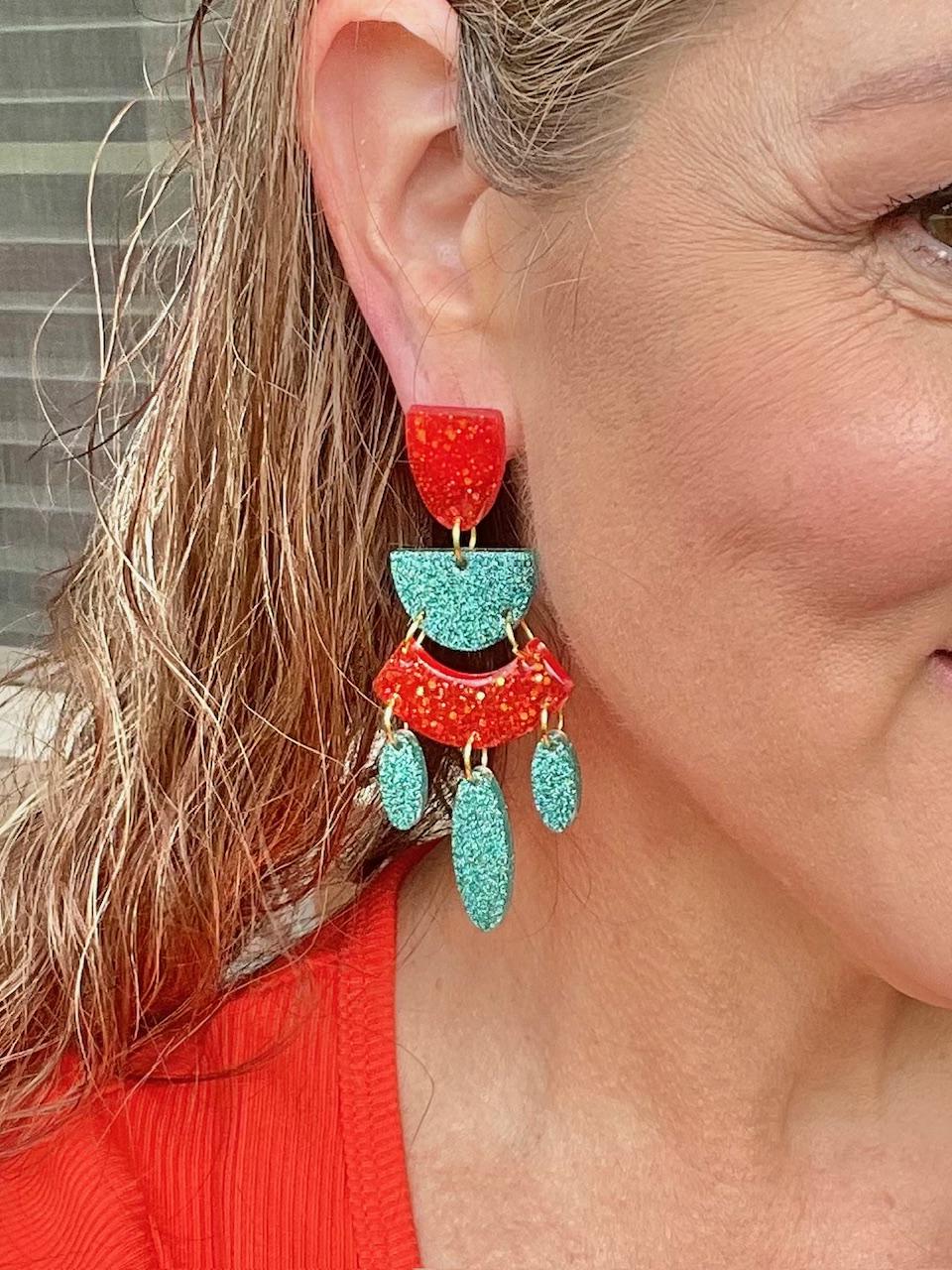 Teal & Coral Glitter Resin Chandelier Earrings | Lightweight Statement Dangles with Teardrop Accents