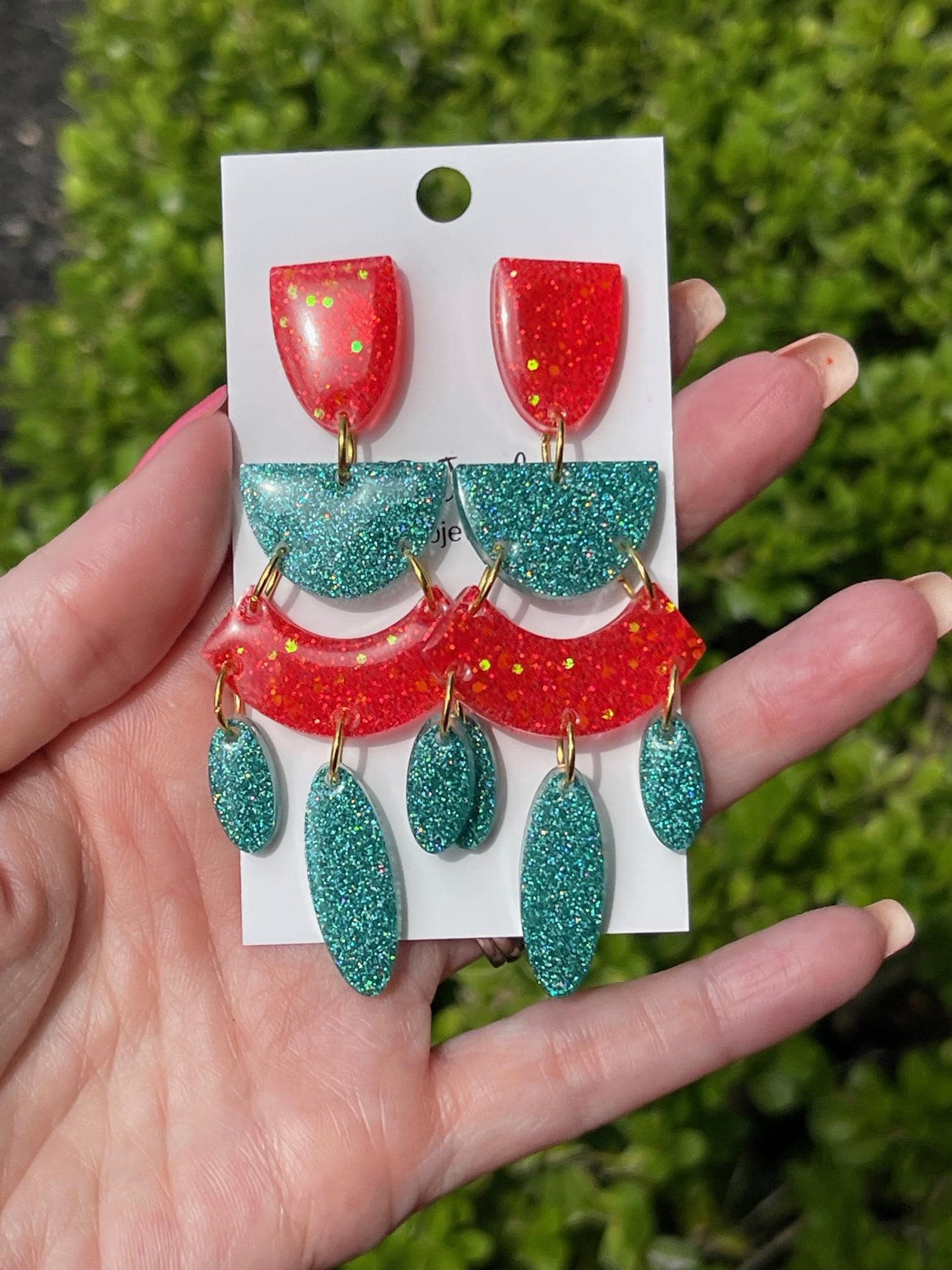 Teal & Coral Glitter Resin Chandelier Earrings | Lightweight Statement Dangles with Teardrop Accents