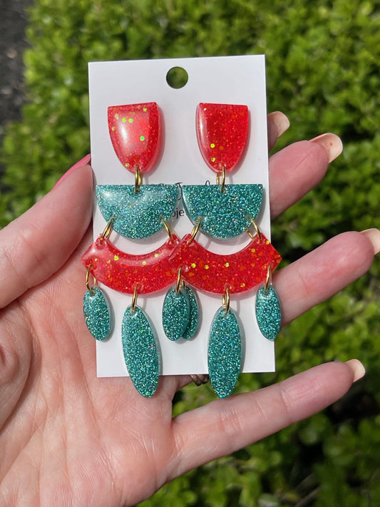 Teal & Coral Glitter Resin Chandelier Earrings | Lightweight Statement Dangles with Teardrop Accents