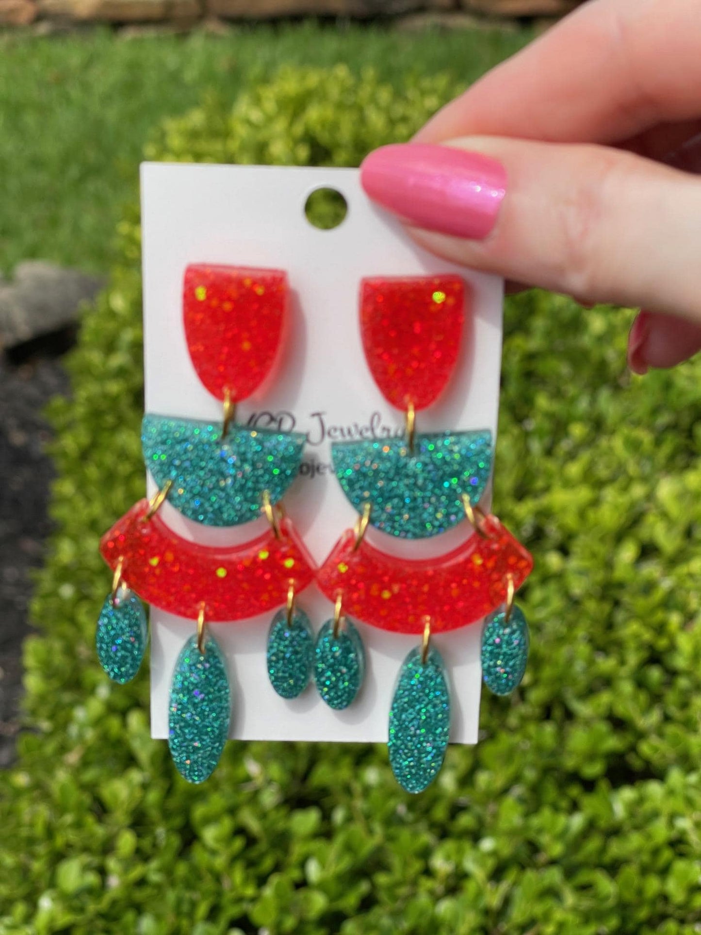 Teal & Coral Glitter Resin Chandelier Earrings | Lightweight Statement Dangles with Teardrop Accents