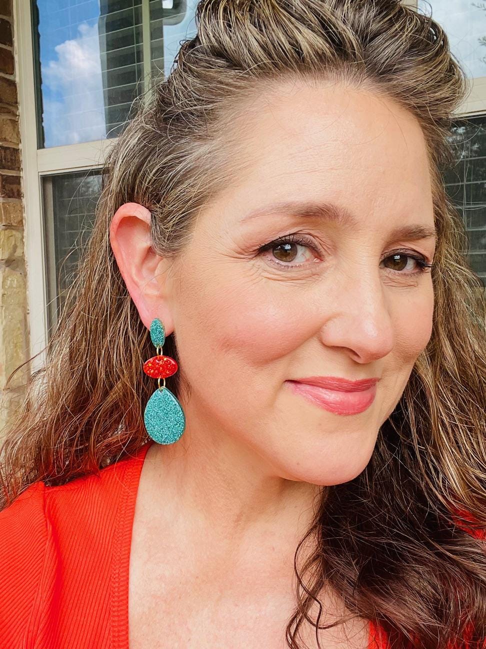 Teal & Coral Glitter Resin drop Earrings | Lightweight Statement Dangles with Teardrop Accents 2