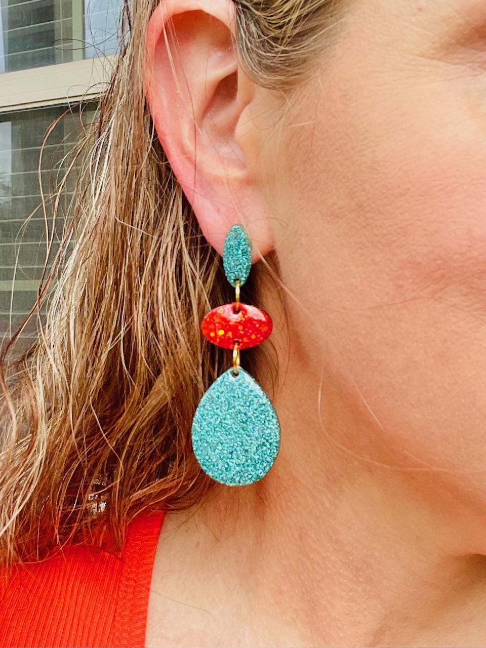 Teal & Coral Glitter Resin drop Earrings | Lightweight Statement Dangles with Teardrop Accents 2