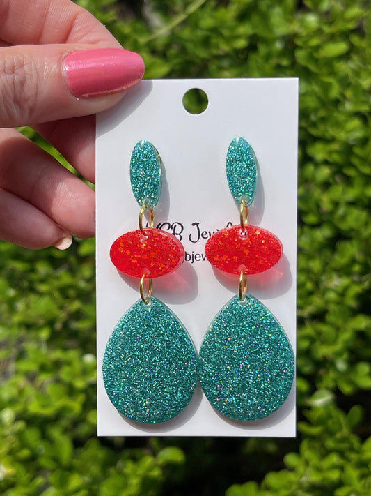 Teal & Coral Glitter Resin drop Earrings | Lightweight Statement Dangles with Teardrop Accents 2