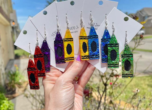Colorful Crayon Earrings | Glitter Resin Dangles with Hand-Painted Details